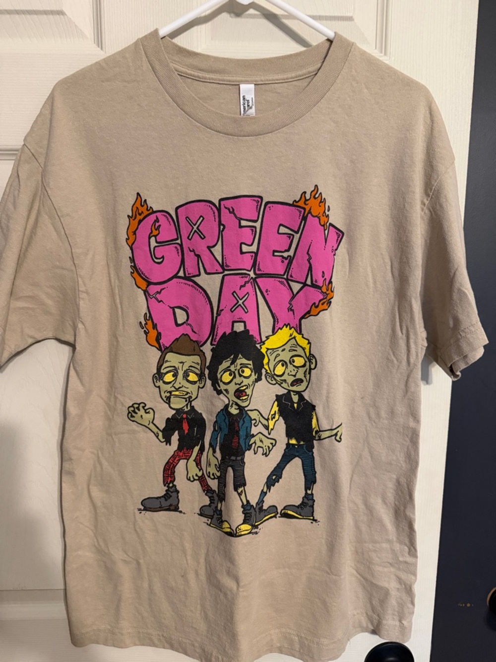 American Apparel Beige Kids Green Day Graphic Tee with Pink Print